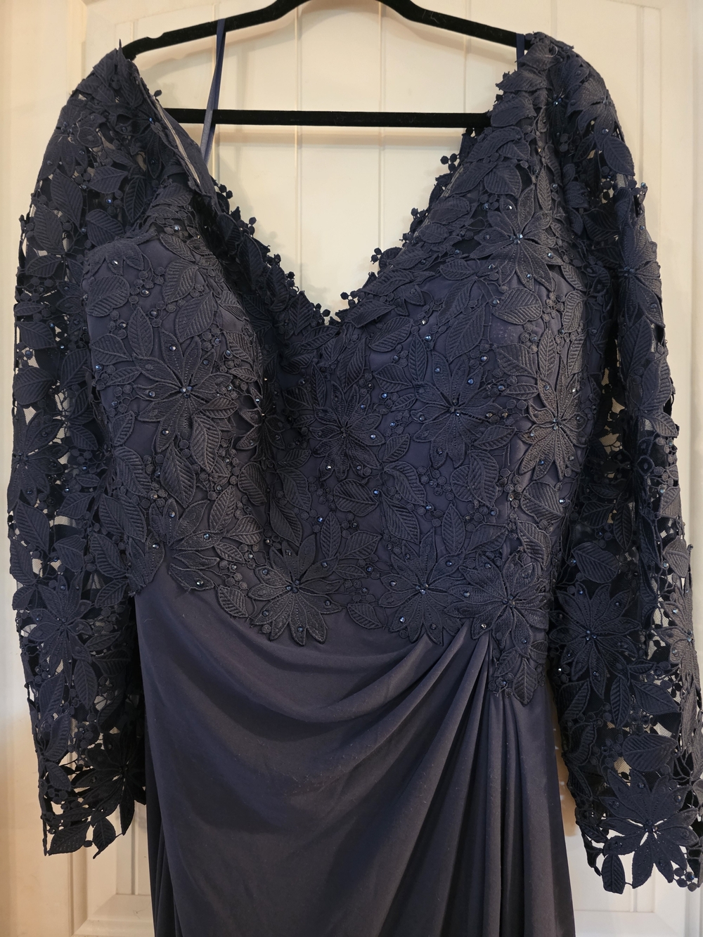 Navy Long Sleeve Lace Applique Evening Gown